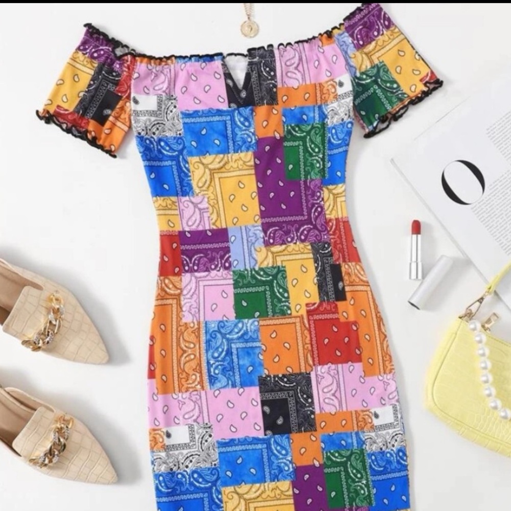 SHEIN Multicolor Bandana Patchwork Off-Shoulder Mini Dress